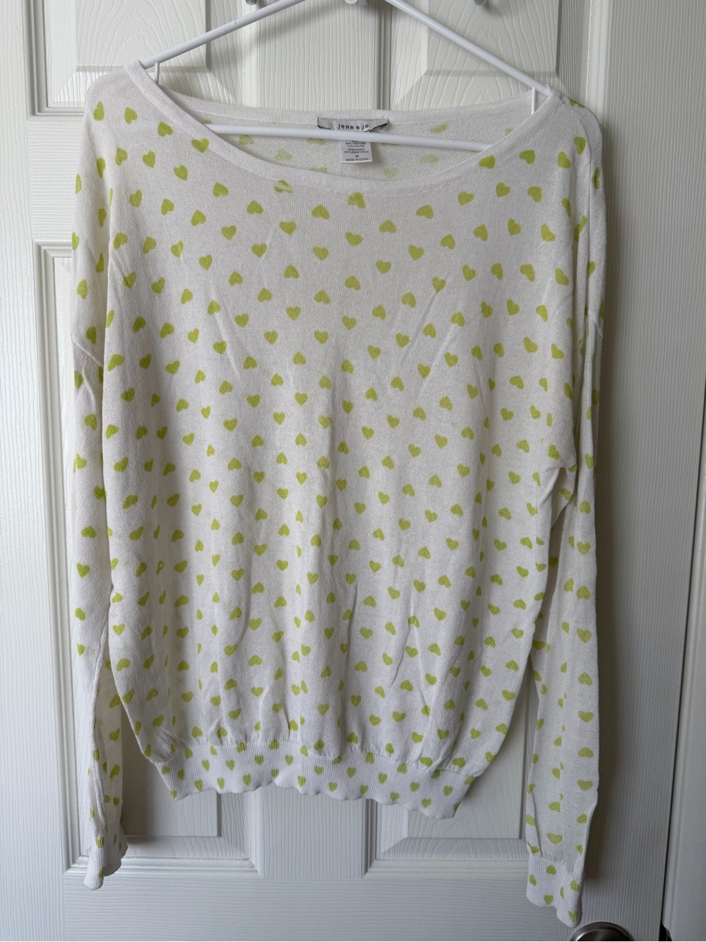 Cream V-Neck Sweater with Lime Heart Print